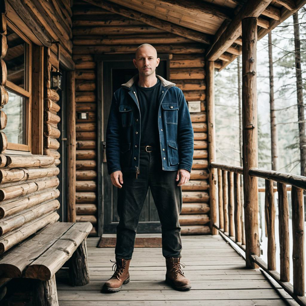 Man on Porch of Rustic Log Cabin in Forest