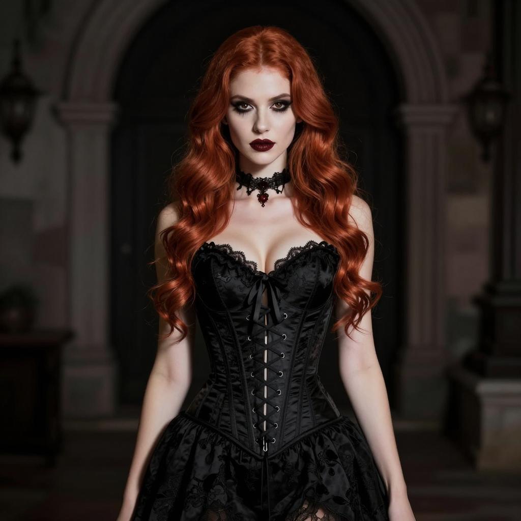 Gothic Red-Haired Woman in Black Corset Dress
