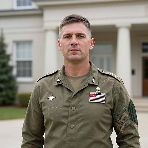 Military Man Standing in Uniform Outside Government Building