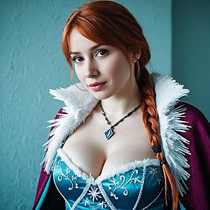 Woman in Sexy Anna Frozen Costume Cosplay with Braided Red Hair