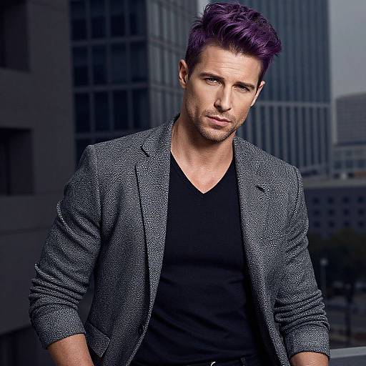 Confident Young Man with Purple Hair in Gray Blazer Urban Portrait