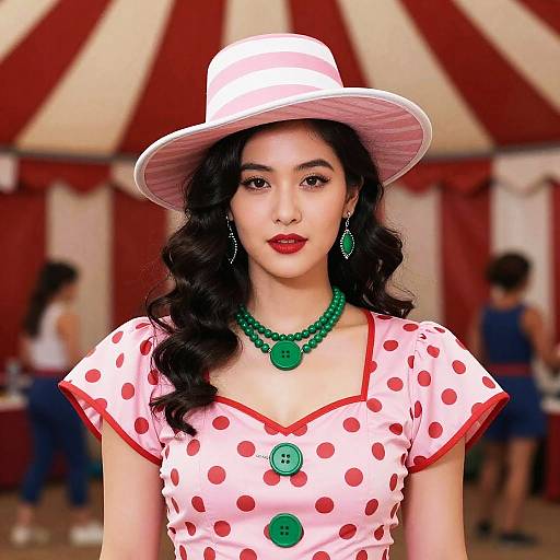 Gen Z Woman in Retro Pink Polka Dot Dress with Green Buttons and Hat