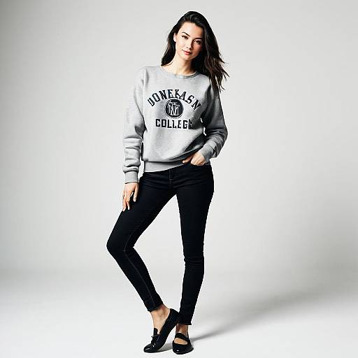 Young Woman Wearing Donegan College Sweatshirt and Black Jeans
