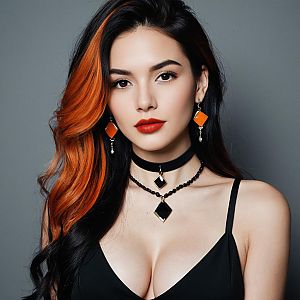 Stylish Woman with Black and Orange Hair in Elegant Outfit