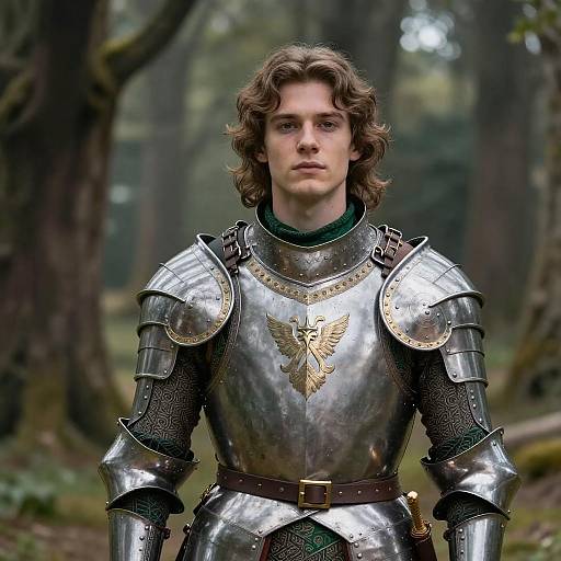 Young Man in Medieval Knight Armor with Golden Emblem in Forest