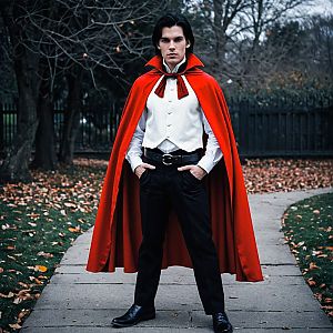Man in Red Cape on Autumn Pathway