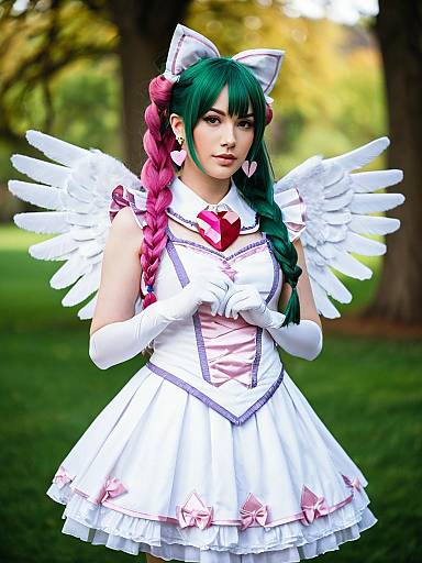Cosplay Woman in Angelic Prism Costume with Wings and Braided Hair