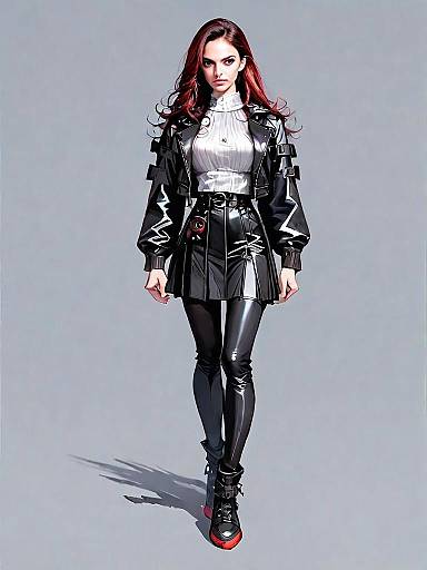 Edgy Woman in Black Leather Outfit Realistic Comic Style Full Body Illustration
