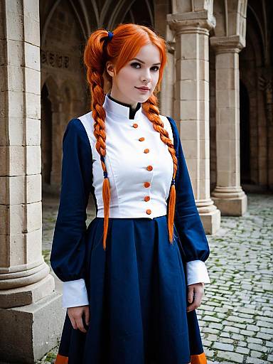 Woman in Medieval Style Dress with Orange Braids in Stone Archway