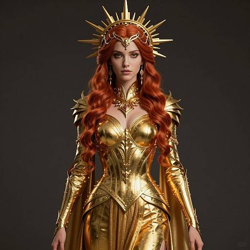 Regal Woman in Golden Fantasy Armor with Sun Ray Headpiece
