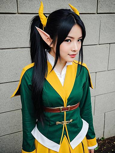 Akari Raigou Fantasy Cosplay Woman in Green and Yellow Outfit with Horns