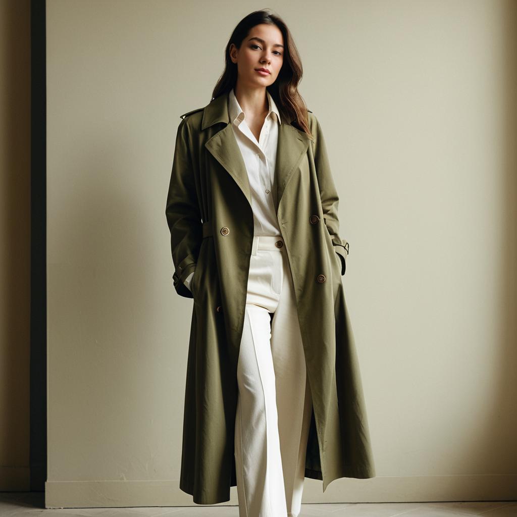 Woman Wearing Olive Green Trench Coat and Cream Wide-Legged Pants