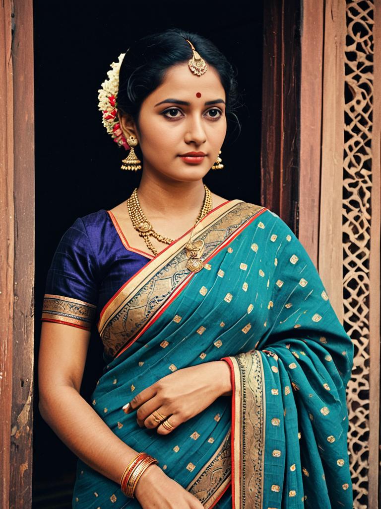 Woman in Traditional Indian Saree with Gold Jewelry
