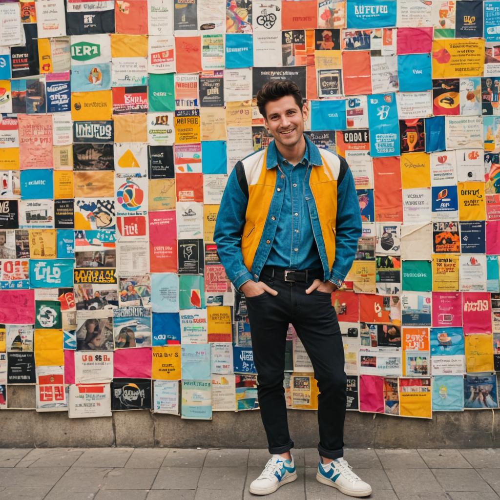 Smiling Man in Front of Colorful Posters