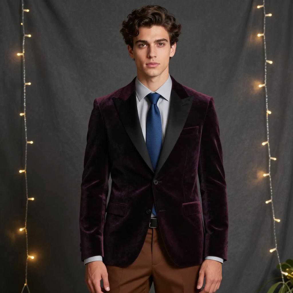 Young Man in Velvet Blazer with Blue Tie and Brown Trousers Formal Style