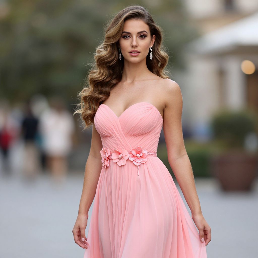 Elegant Woman in Strapless Pink Gown with Floral Waist Detail