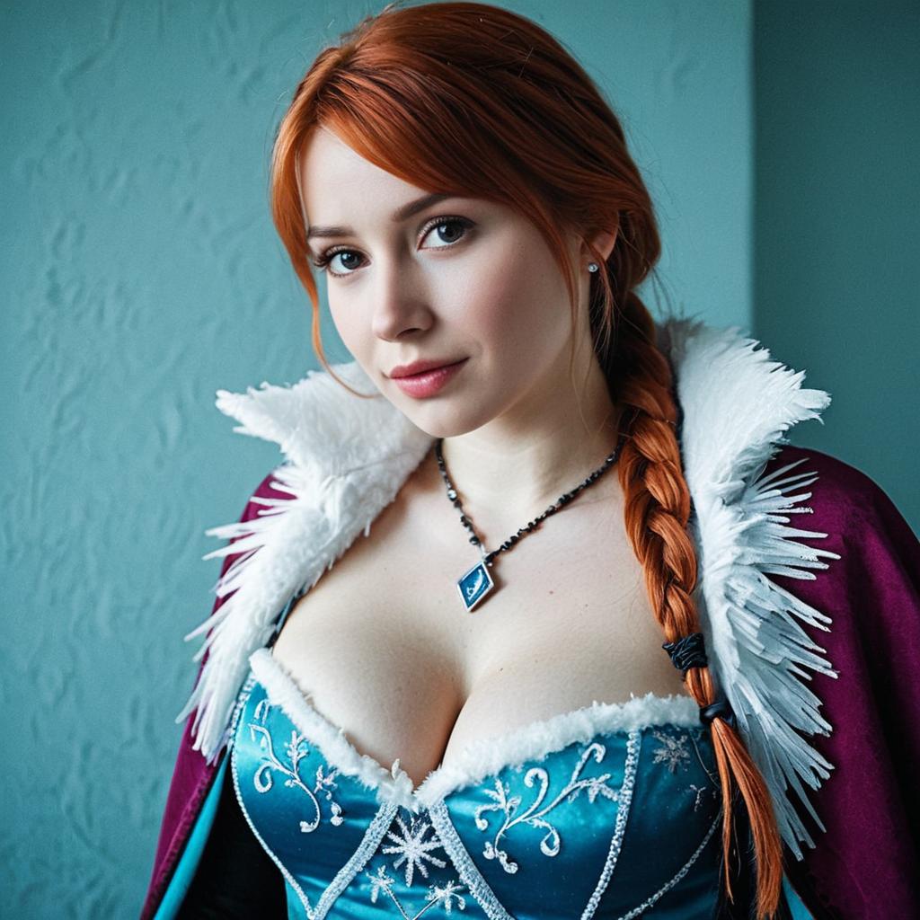 Woman in Sexy Anna Frozen Costume Cosplay with Braided Red Hair