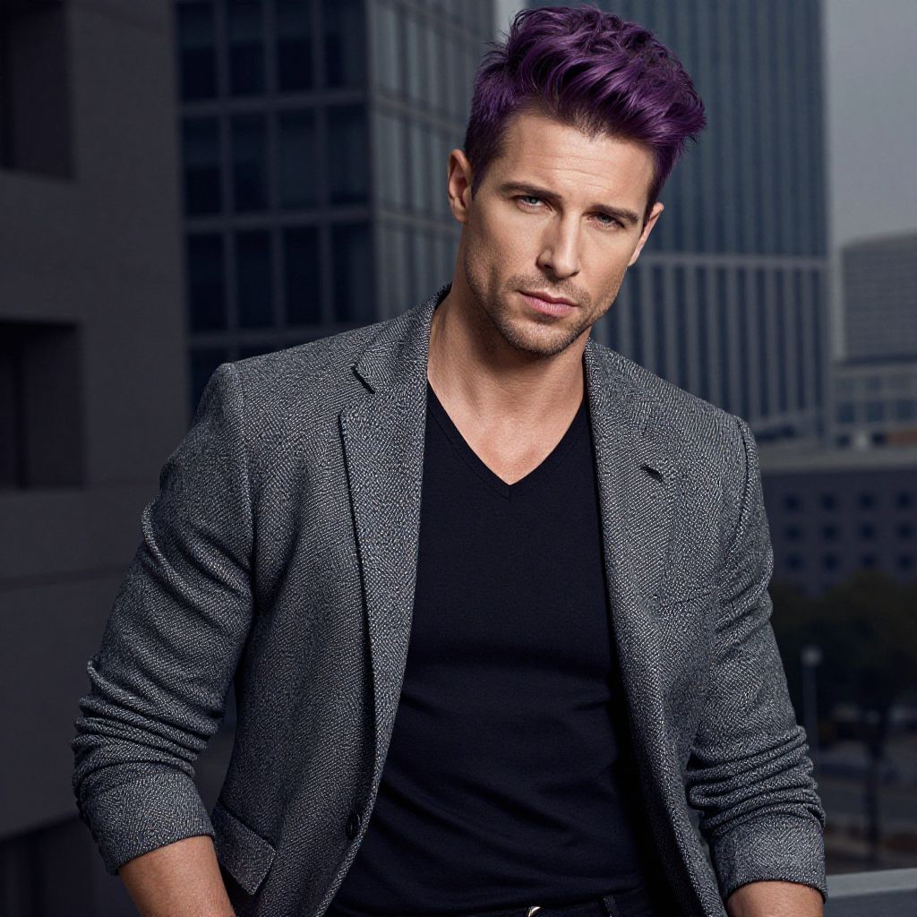 Confident Young Man with Purple Hair in Gray Blazer Urban Portrait
