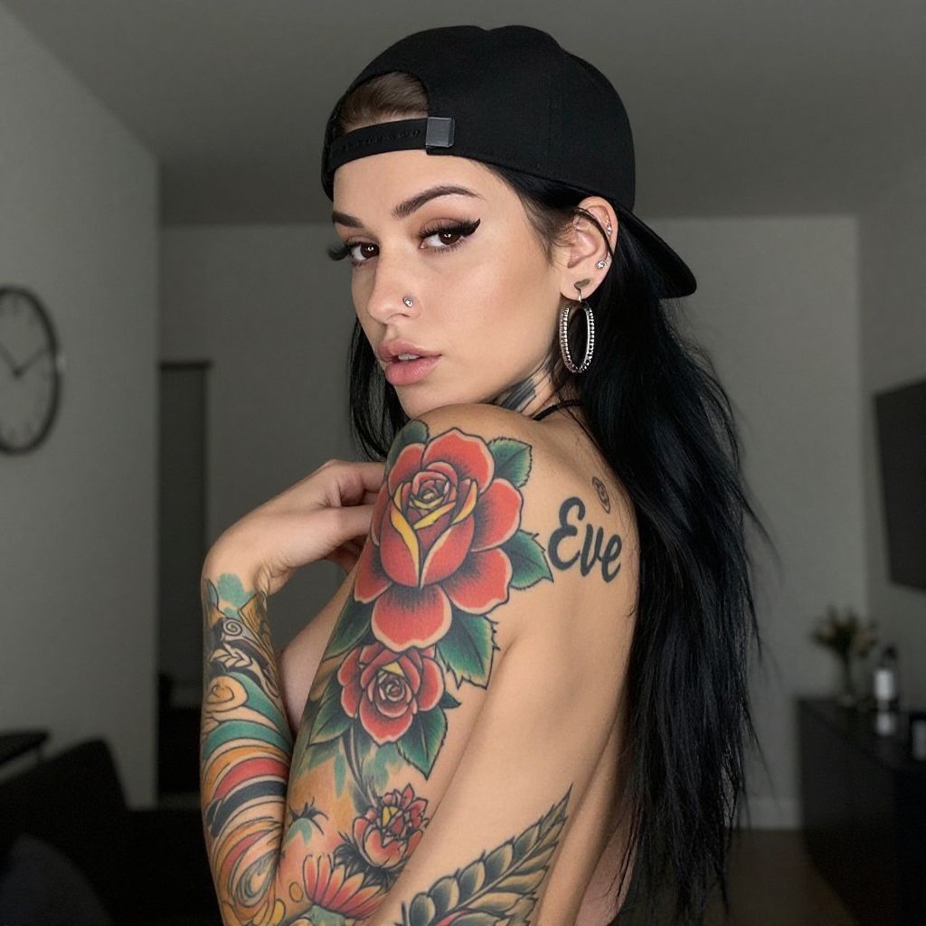 Tattooed Woman with Black Cap and Floral Sleeve Tattoos in Modern Interior
