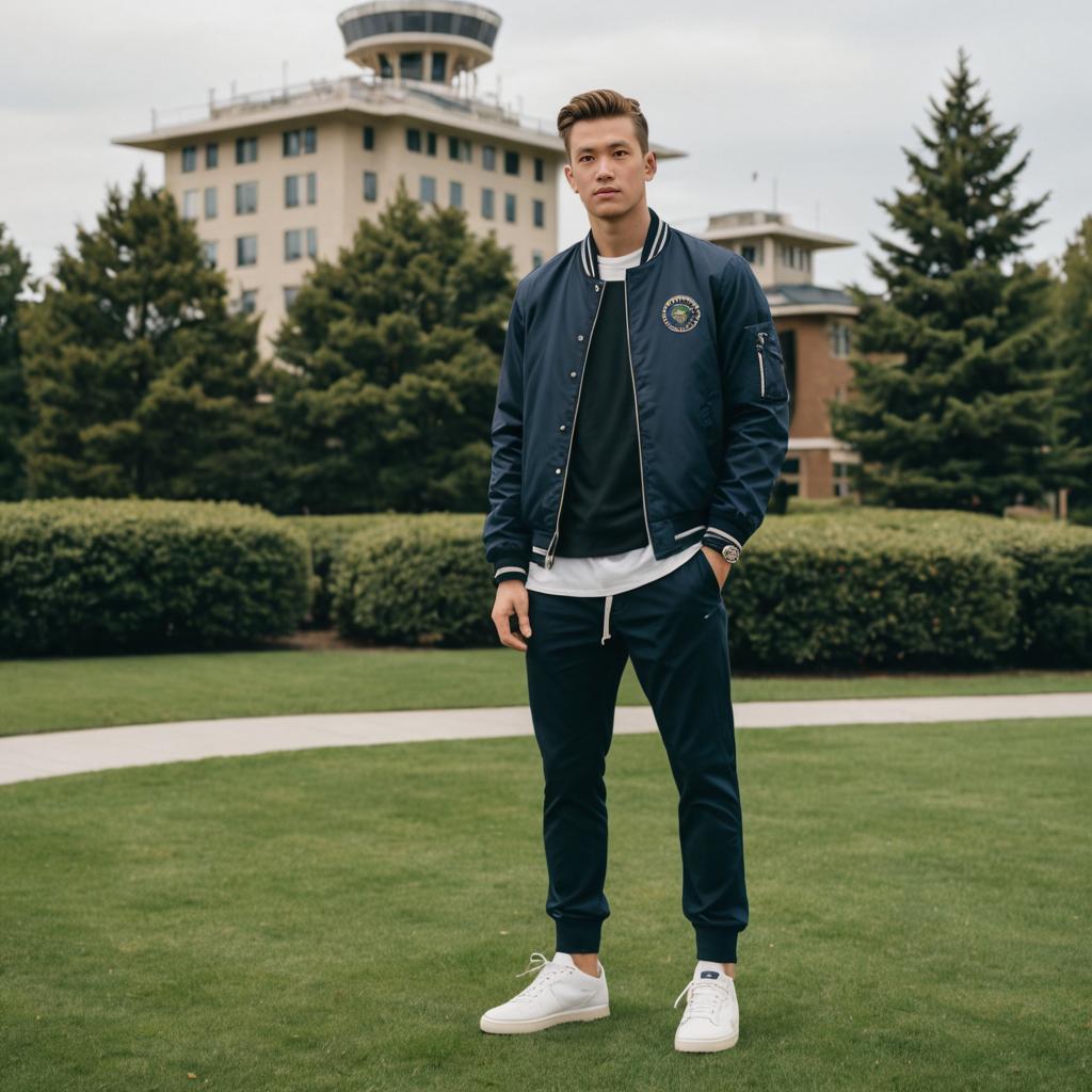 Man in Trendy Varsity Jacket in Urban Park