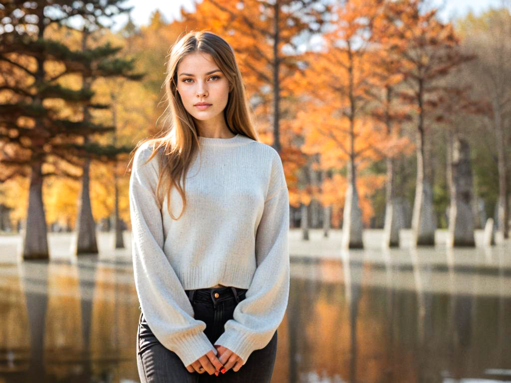 Young Woman by Tranquil Lake in Autumn