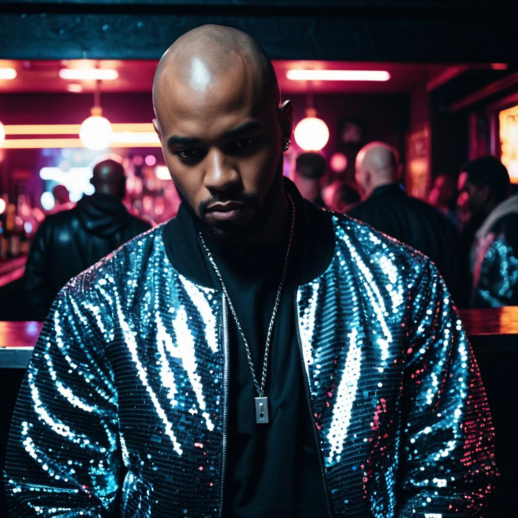 Stylish Man in Sequin Jacket at Neon-Lit Bar