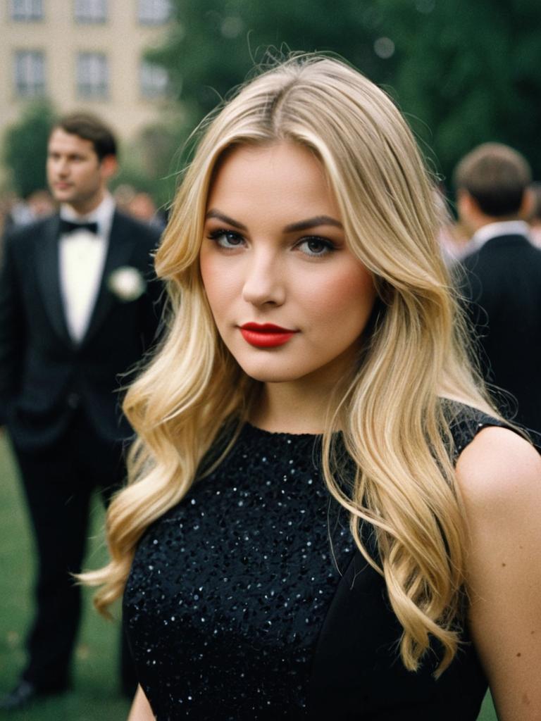 Elegant Blonde Woman in Black Dress at Formal Party