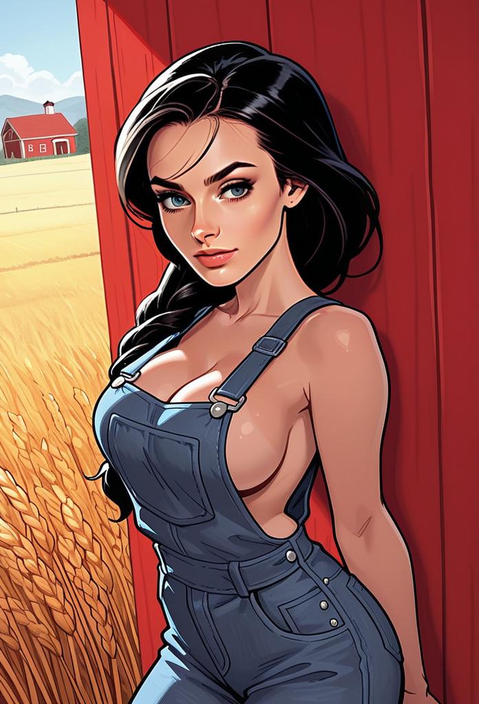 Stylish Digital Pin-Up of Woman in Denim Overalls by Red Barn in Wheat Field