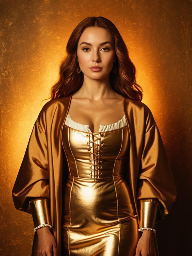 Woman in Modern Chic Metallic Gold Dress with Satin Cape Jacket