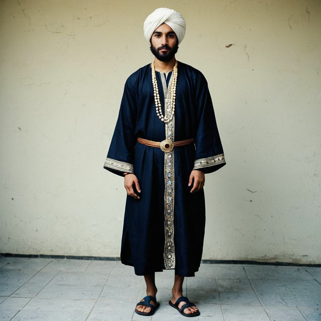 Confident Man in Traditional Dark Robe with Gold Embroidery Confident Man in Traditional Dark Robe with Gold Embroidery