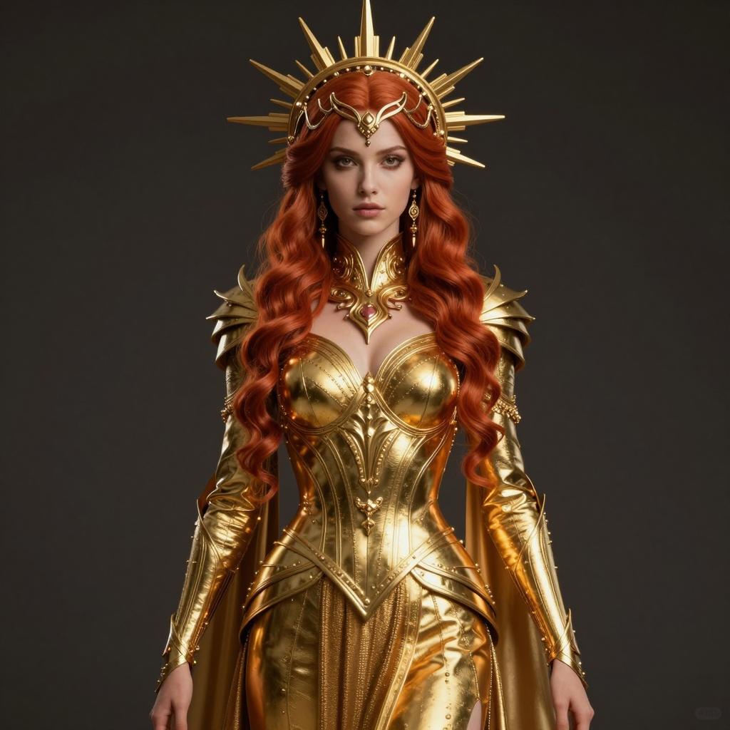 Regal Woman in Golden Fantasy Armor with Sun Ray Headpiece