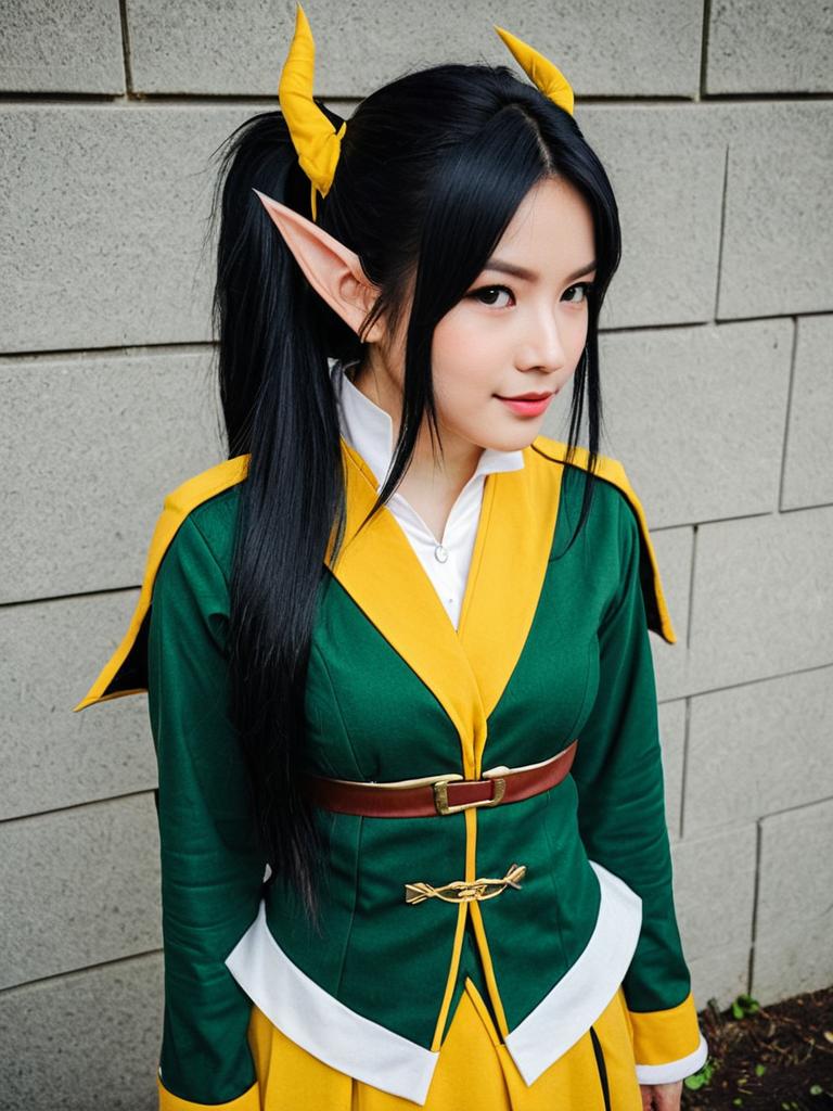 Akari Raigou Fantasy Cosplay Woman in Green and Yellow Outfit with Horns