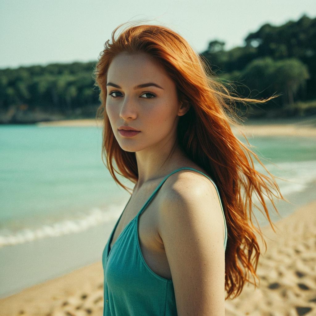 Portrait of Young Red-Haired Woman on Beach with Teal Dress
