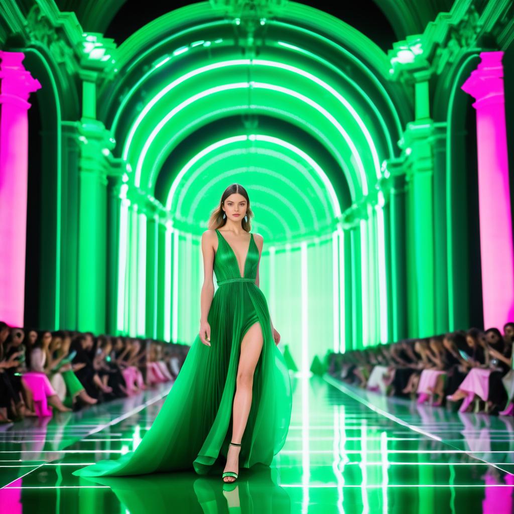 Woman in Green Gown on Futuristic Runway