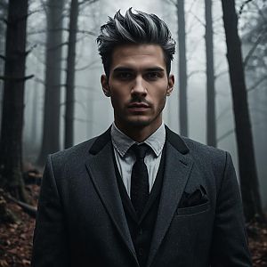 Man in Suit in Misty Forest
