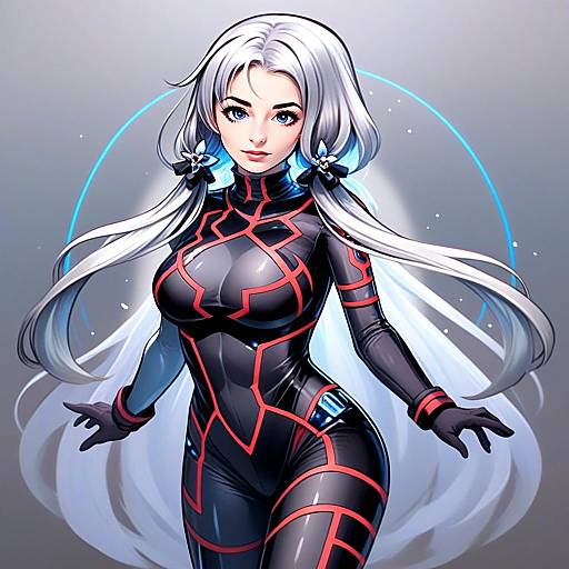 Futuristic Anime Woman in Black and Red Bodysuit with White Hair