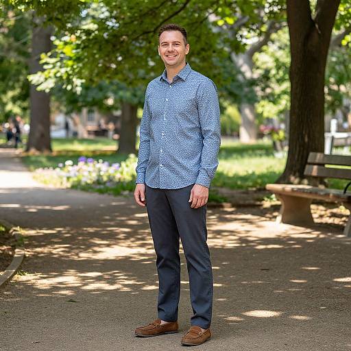 Casual Man Standing in Sunny Green Park with Blue Shirt and Loafers