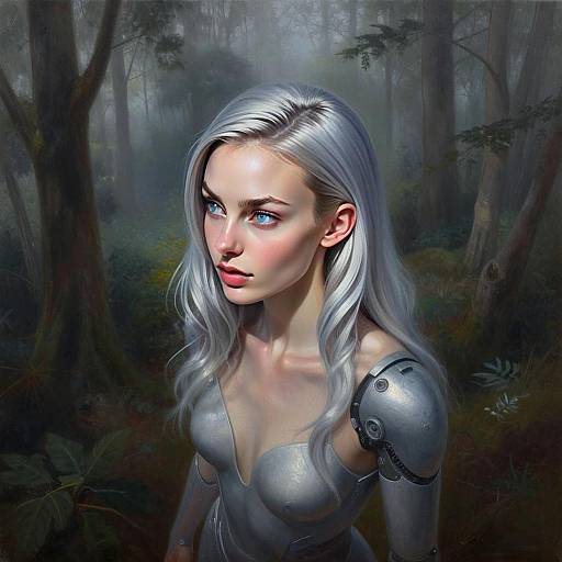 Futuristic Silver-Haired Cyborg Woman in Mystical Forest Digital Art