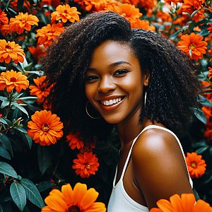 Radiant Young Woman with Curly Hair Among Orange Flowers