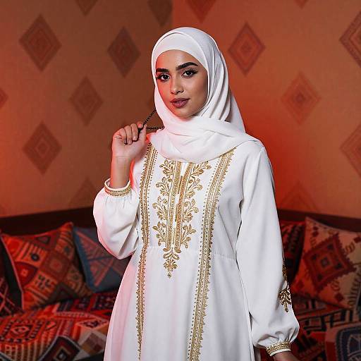 Elegant Woman in White Hijab and Embroidered Traditional Dress Indoors