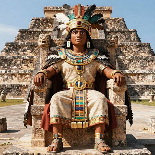 Ancient Mesoamerican Ruler in Traditional Attire Seated on Stone Throne with Pyramid Background