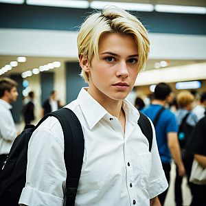 Young man in white shirt and black backpack in crowd