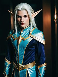 Man Cosplay Wearing Realistic Azelf Costume with Blue and Gold Armor