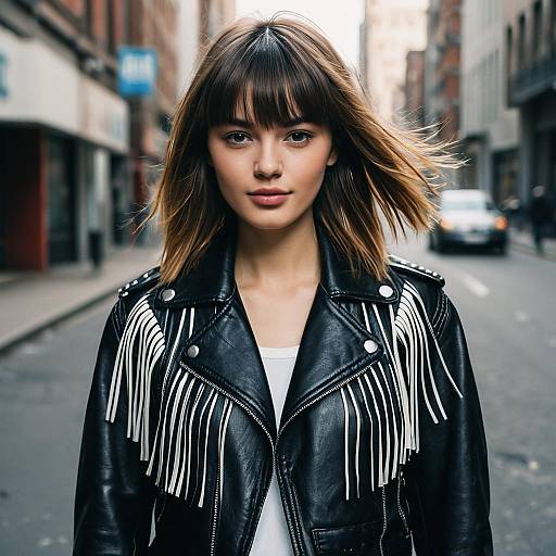 Confident Young Woman in Black Leather Fringe Jacket on Urban Street