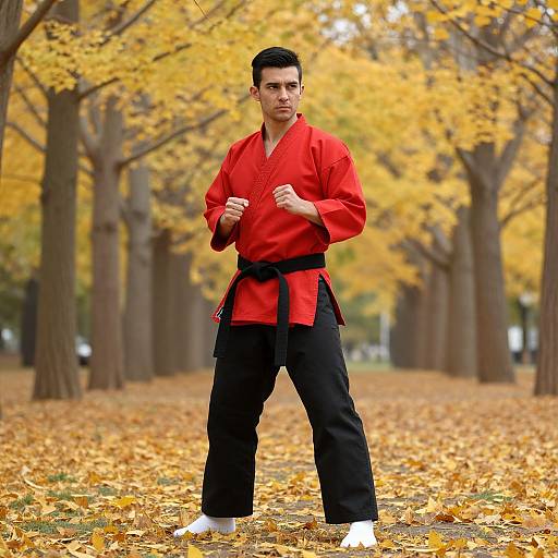 Man Practicing Martial Arts in Red Gi in Autumn Park