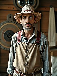 Portrait of Man Wearing Straw Hat and Apron in Rustic Setting