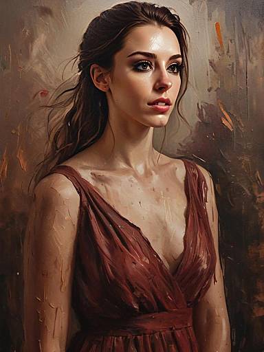 Portrait of Young Woman in Deep Red Dress Digital Oil Painting