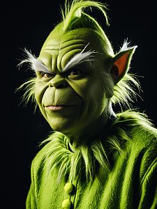 Man in Detailed Grinch Costume with Makeup and Furry Outfit