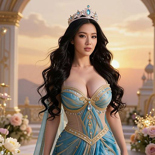 Elegant Woman in Blue and Gold Princess Gown with Tiara in Palace Sunset