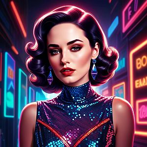 Glamorous Woman with Retro Curls in Neon Lights